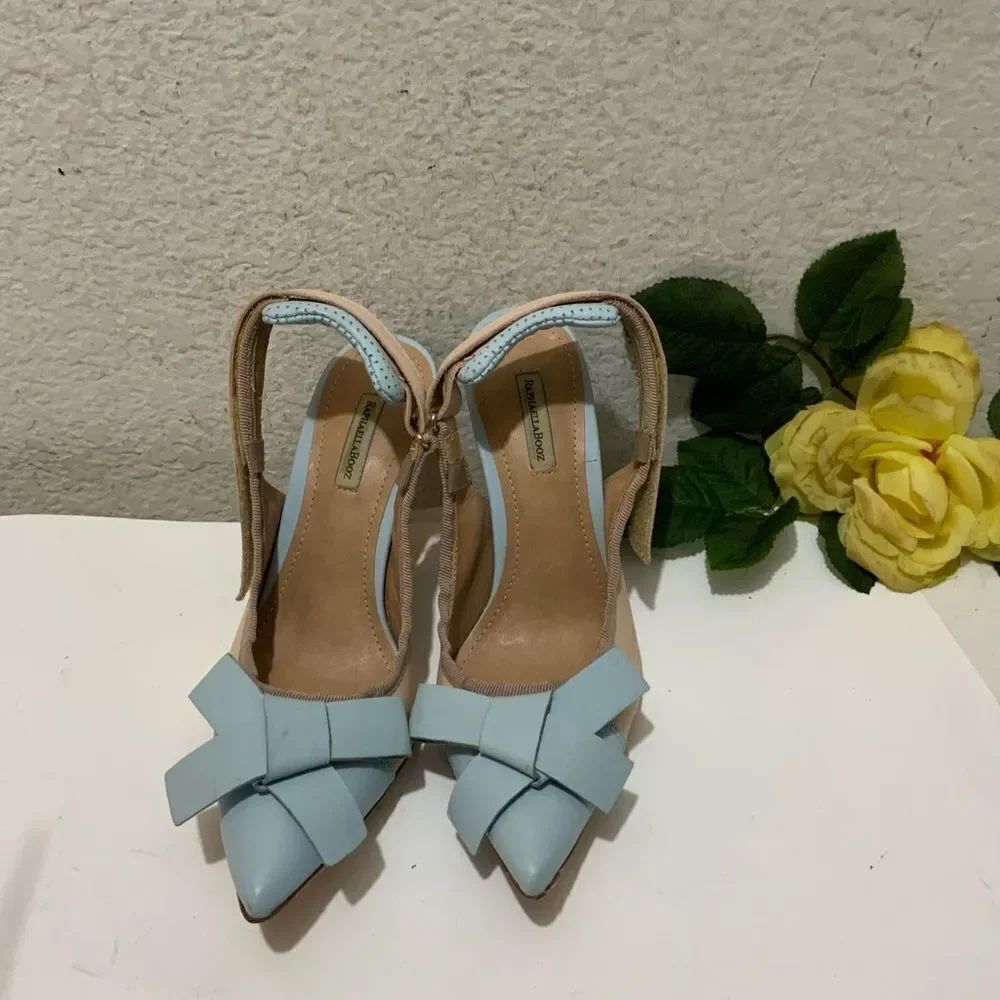 Anthropologie Raphaella Booz Blue cream bow Pointed Toe Heels US 6B/37